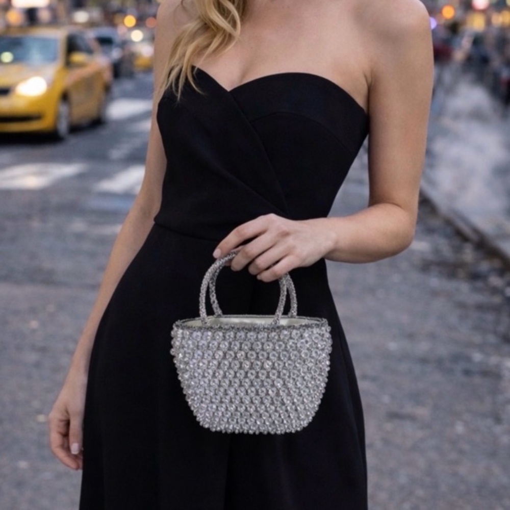 VTG Bead Handbag silver metallic thread hand-sewn y2k 80s 90s wedding coquette